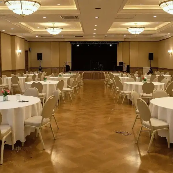 Банкетный зал в гостинице после мероприятия - до уборки